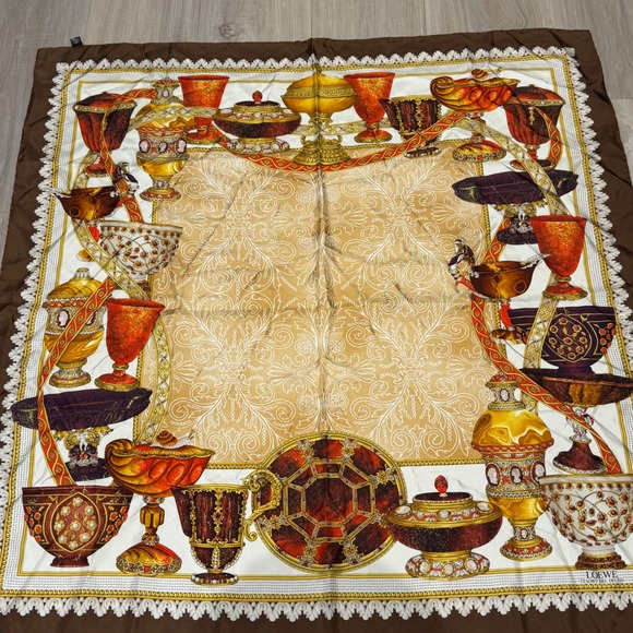 LOEWE Tesoro del Delfin Silk Scarf 34x33.5 Gold Goblet Print Vintage Spain - Picture 2 of 7
